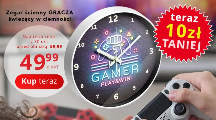 Zegar ścienny gracza świecący w ciemności promocja w Poczta Polska