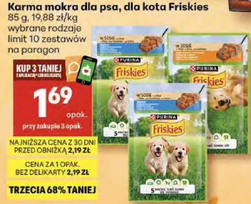 Karma mokra dla psa, dla kota Friskies promocja w Delikatesy Centrum