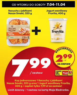 Zestaw: racuchy z jabłkami Nasze Smaki, 320 g + Jogurt Fruvita, 400 g promocja w Biedronka