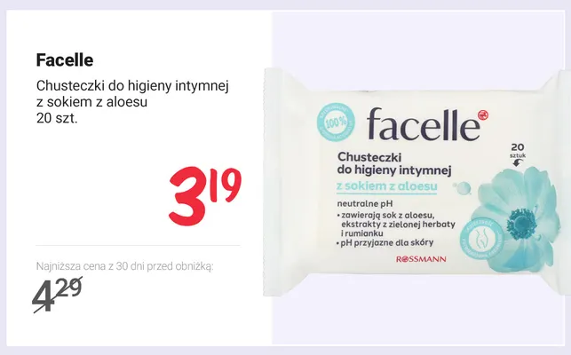 Chusteczki do higieny intymnej z sokiem z aloesu Facelle promocja w Rossmann