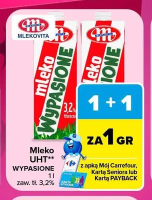 Mleko UHT Wypasione Mlekovita 3,2% promocja w Carrefour