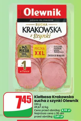 Kiełbasa krakowska sucha z szynki Olewnik promocja w Dino