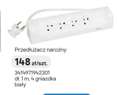 Przedłużacz narożny dł. 1m, 4 gniazdka biały promocja w Castorama