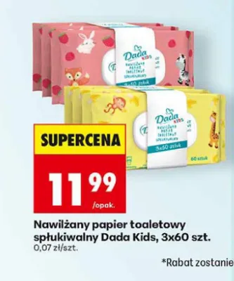 Nawilżany papier toaletowy spłukiwalny Dada Kids 3-pak 60szt. promocja w Biedronka