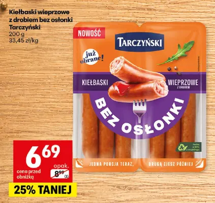 Kiełbaski wieprzowe z drobiem bez osłonki Tarczyński promocja w Delikatesy Centrum