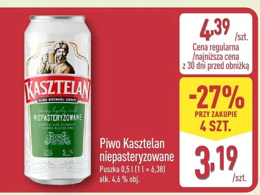 Piwo Kasztelan niepasteryzowane promocja w Aldi