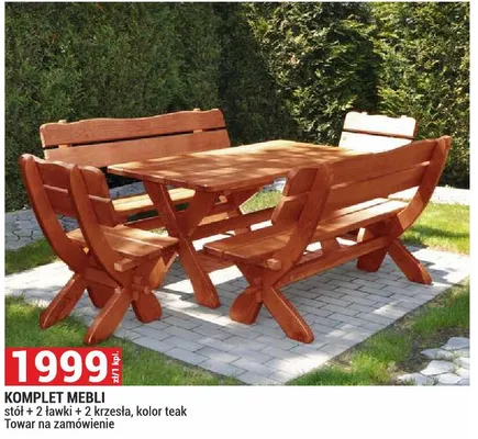 Komplet mebli ogrodowych stół + 2 ławki + 2 krzesła kolor teak promocja w Merkury Market