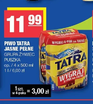 Piwo Tatra Jasne Pełne 4-pak 500 ml promocja w SPAR