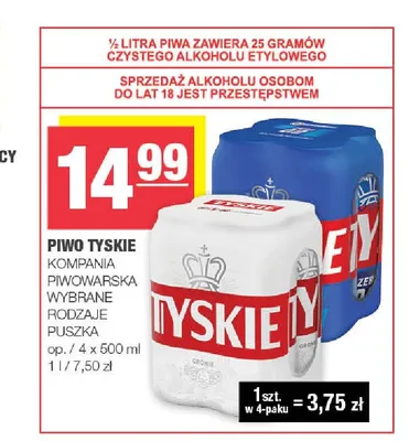 Piwo Tyskie Gronie 4-pak 500 ml promocja w SPAR