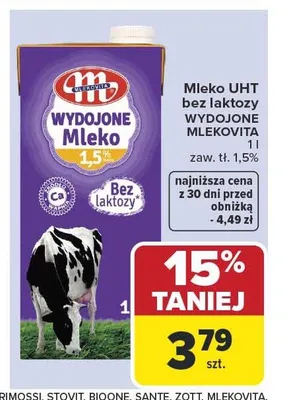 Mleko UHT bez laktozy Wydojone Mlekovita 1,5% promocja w Carrefour Market
