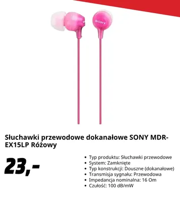 Słuchawki przewodowe dokanałowe Sony MDR-EX15LP różowy promocja w Media Markt