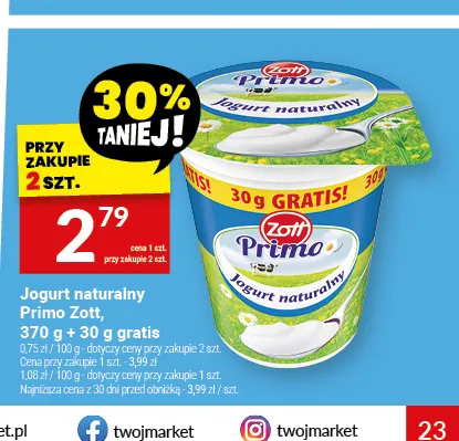 Jogurt naturalny Primo Zott promocja w Twój Market