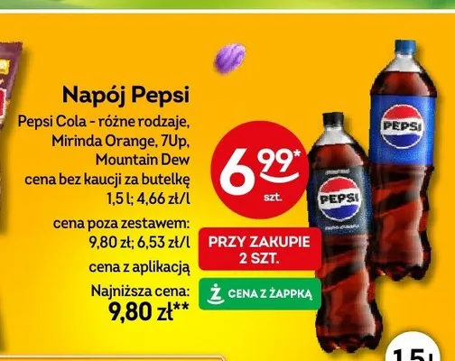 Napój różne rodzaje (Pepsi Cola, Mirinda Orange, Mountain Dew) promocja w Żabka