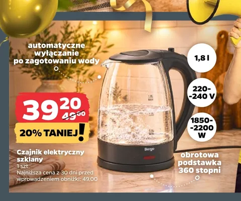 Czajnik elektryczny szklany 1,8 l Bergo promocja w Netto