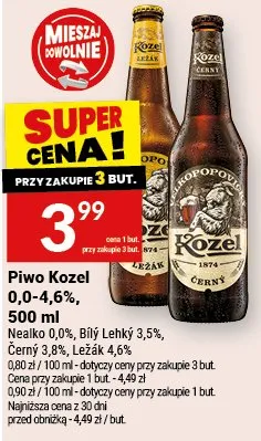 Piwo Kozel 0,0-4,6% Nealko Bílý Lehký Černý Ležák promocja w Twój Market