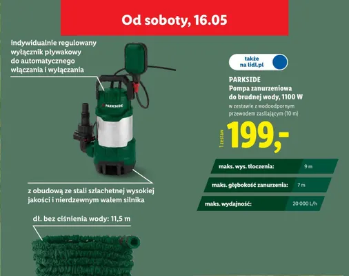 Pompa zanurzeniowa do brudnej wody Parkside 1100W w zestawie z wodoodpornym przewodem zasilającym (10m) promocja w Lidl
