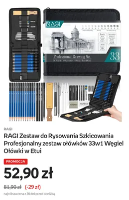 Zestaw do rysowania i szkicowania RAGI profesjonalny zestaw ołówków 33w1 węgiel ołówki w etui promocja w Empik