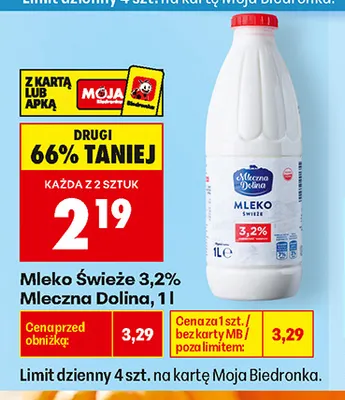 Mleko świeże Mleczna Dolina 3,2% promocja w Biedronka