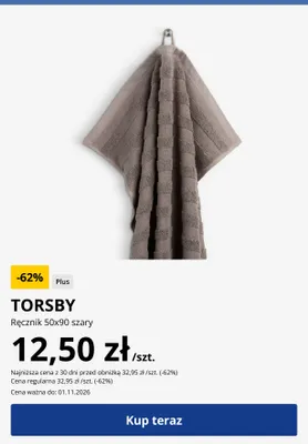 Ręcznik Torsby 50x90 cm szary promocja w Jysk