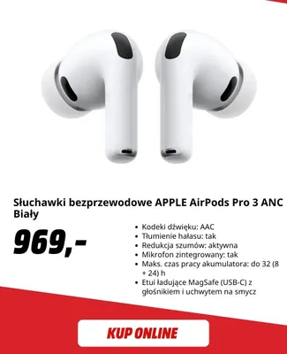 Słuchawki bezprzewodowe Apple AirPods Pro 3 Anc biały promocja w Media Markt