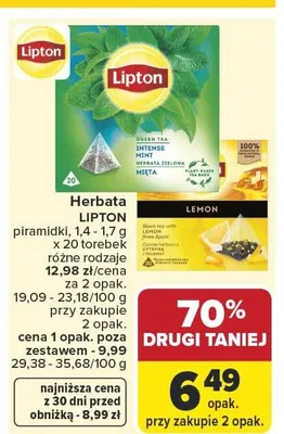 Herbata zielona intensywna mięta Lipton piramidki promocja w Carrefour