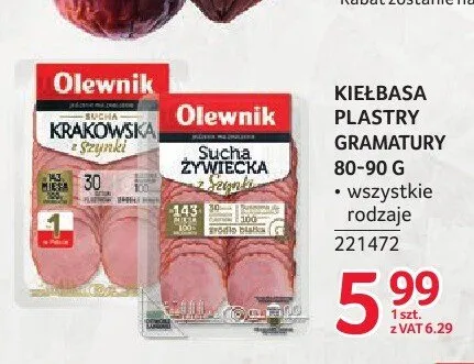 Kiełbasa krakowska sucha z szynki plastry Olewnik promocja w Selgros