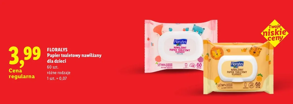 Papier toaletowy nawilżany dla dzieci Floralys 60 szt promocja w Lidl