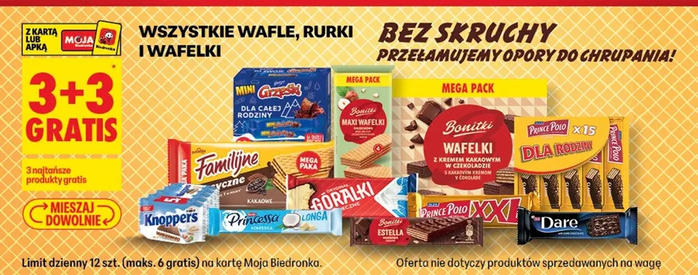 Wszystkie wafle, rurki i wafelki 3+3 GRATIS promocja w Biedronka