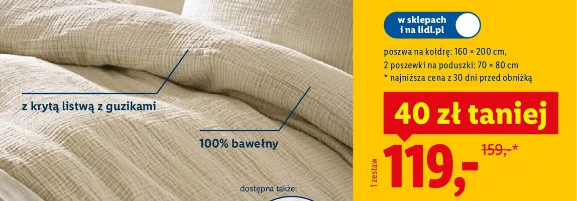 Pościel z bawełny muślinowej 160x200 cm + 70x80 cm promocja w Lidl