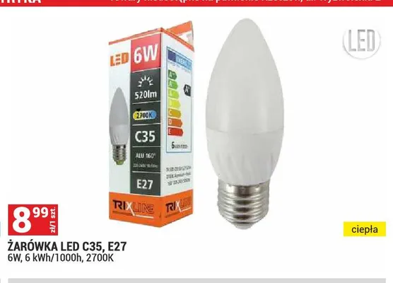 Żarówka LED Trixline C35 E27 6W 6kWh/1000h 2700K promocja w Merkury Market