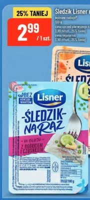 Śledzik na raz w oleju z ogórkiem i czosnkiem Lisner promocja w POLOmarket