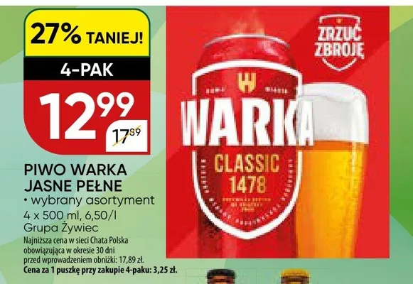 Piwo Warka Jasne Pełne 4-PAK promocja w Chata Polska