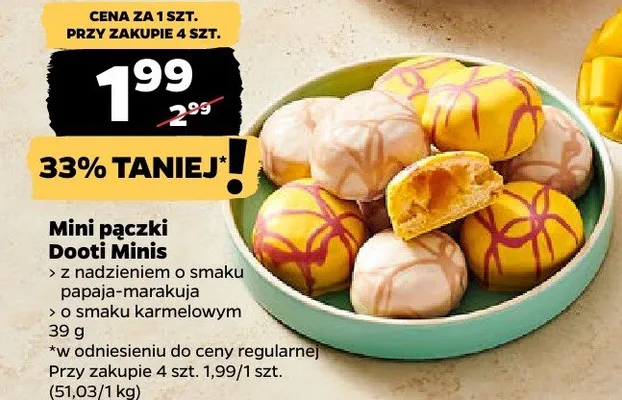 Mini pączki z nadzieniem o smaku papaja-marakuja, o smaku karmelowym promocja w Netto