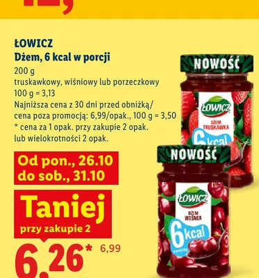 Dżem 6 kcal w porcji wiśniowy Łowicz promocja w Lidl