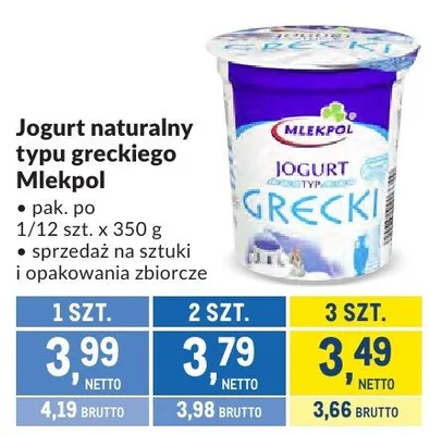 Jogurt naturalny typu greckiego Mlekpol promocja w Makro