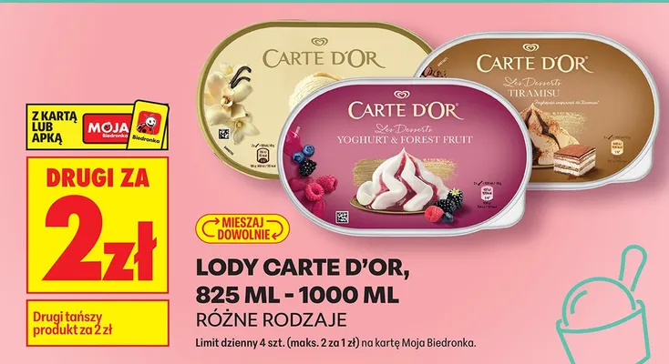 Lody Carte d'Or, różne rodzaje DRUGIE ZA 2 ZŁ promocja w Biedronka