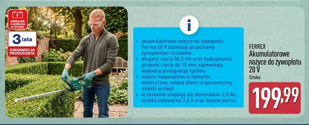 Akumulatorowe nożyce do żywopłotu Ferrex promocja w Aldi