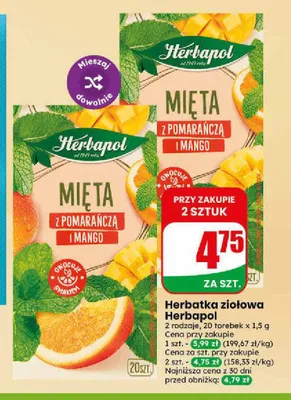 Herbatka ziołowa Herbapol Mięta z pomarańczą i mango promocja w Dino