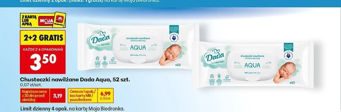 Chusteczki nawilżane Dada Aqua promocja w Biedronka