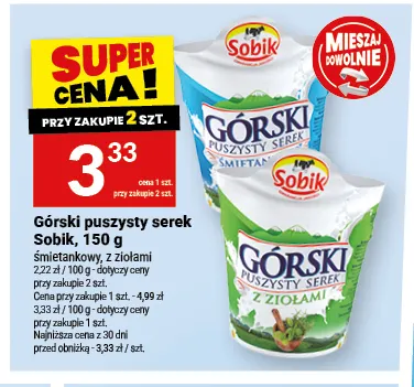 Górski puszysty serek z ziołami Sobik promocja w Twój Market