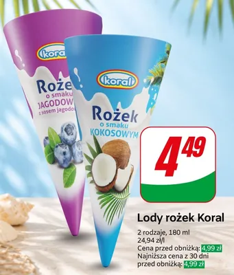 Lody rożek Koral o smaku kokosowym promocja w Dino