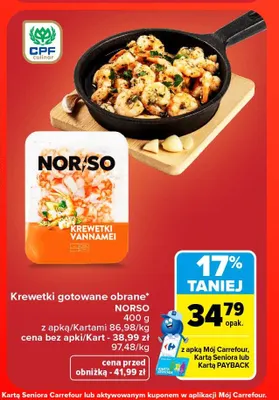 Krewetki gotowane obrane Norso promocja w Carrefour Market