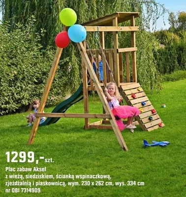 Plac zabaw Aksel z wieżą, siedziskiem, ścianką wspinaczkową, zjeżdżalnią i piaskownicą promocja w OBI