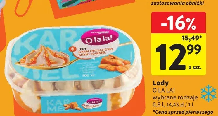 Lody krem orzechowy słony karmel O LA LA! promocja w Intermarche