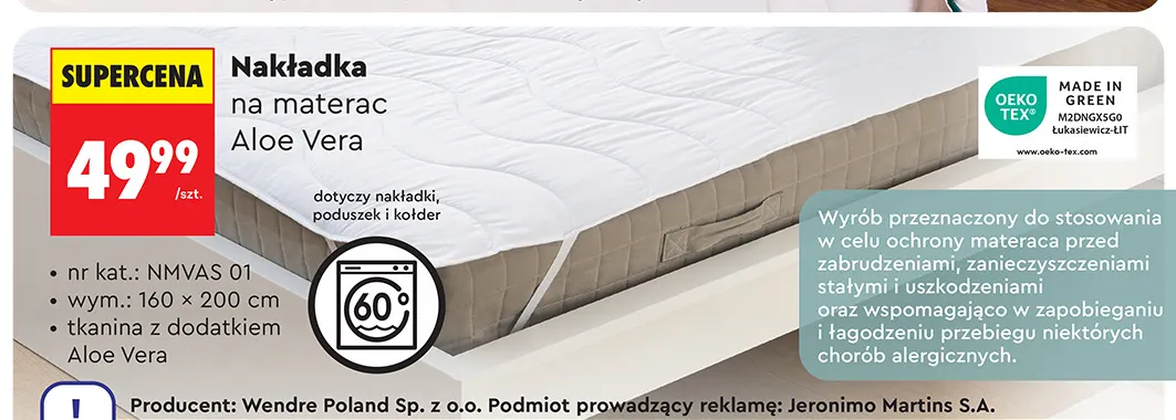 Nakładka na materac Aloe Vera Smukee 160x200 cm promocja w Biedronka