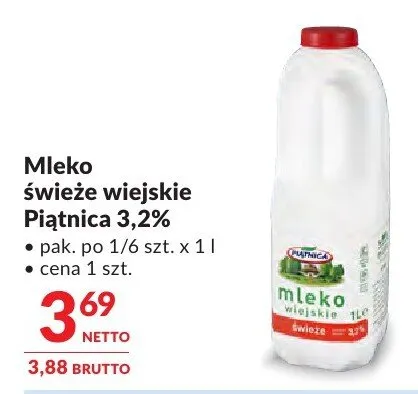 Mleko świeże wiejskie Piątnica 3,2% promocja w Makro