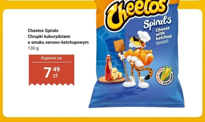 Chrupki kukurydziane Cheetos Spirals o smaku serowo-ketchupowym promocja w Dino
