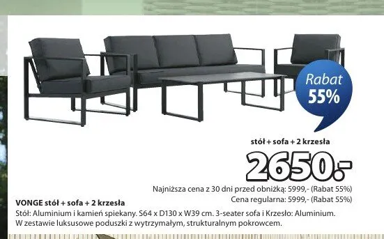 VONGE stół + sofa + 2 krzesła promocja w Jysk