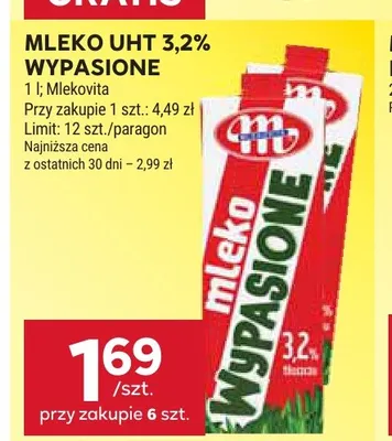 Mleko UHT Wypasione Mlekovita 3,2% promocja w Stokrotka