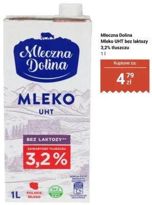 Mleko UHT bez laktozy 3,2% tłuszczu Mleczna Dolina promocja w Biedronka